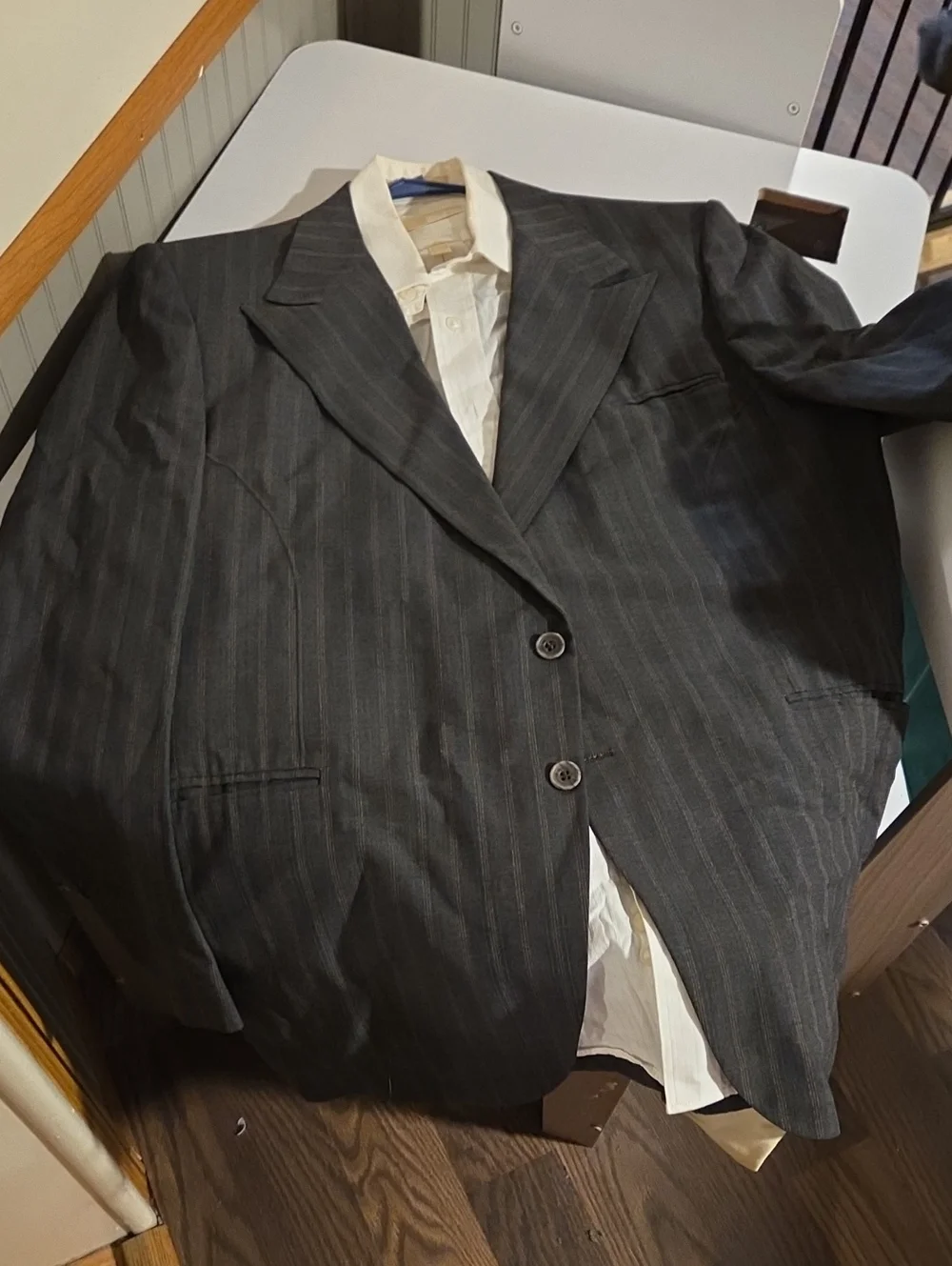 Men's Dark Charcoal Pinstripe Blazer Matching Pants and White Dress Shirt